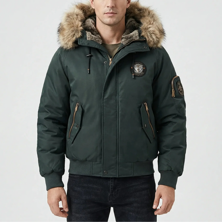 Frostlux - Chaqueta bomber acolchada con capucha de piel sintética