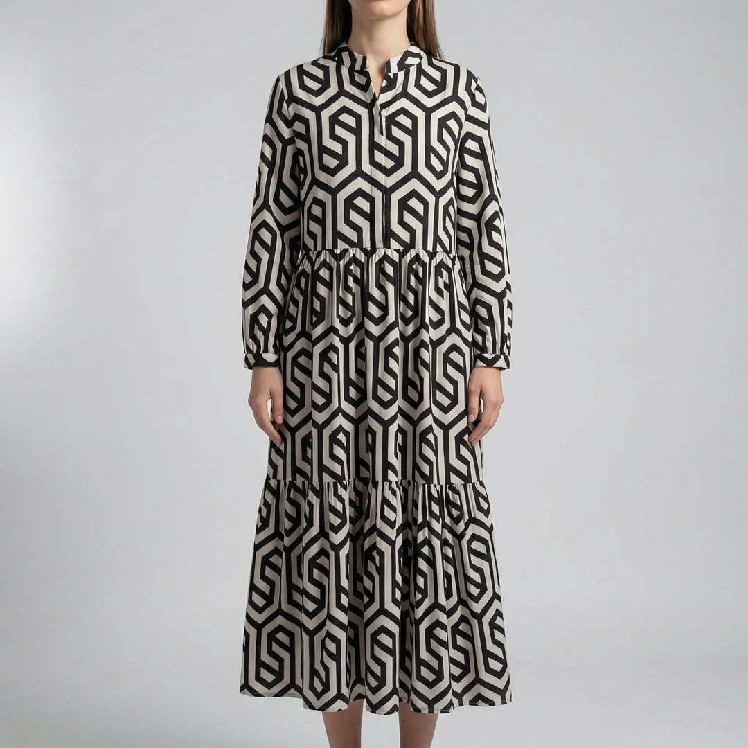 Geovella - Vestido midi de manga larga con estampado geométrico