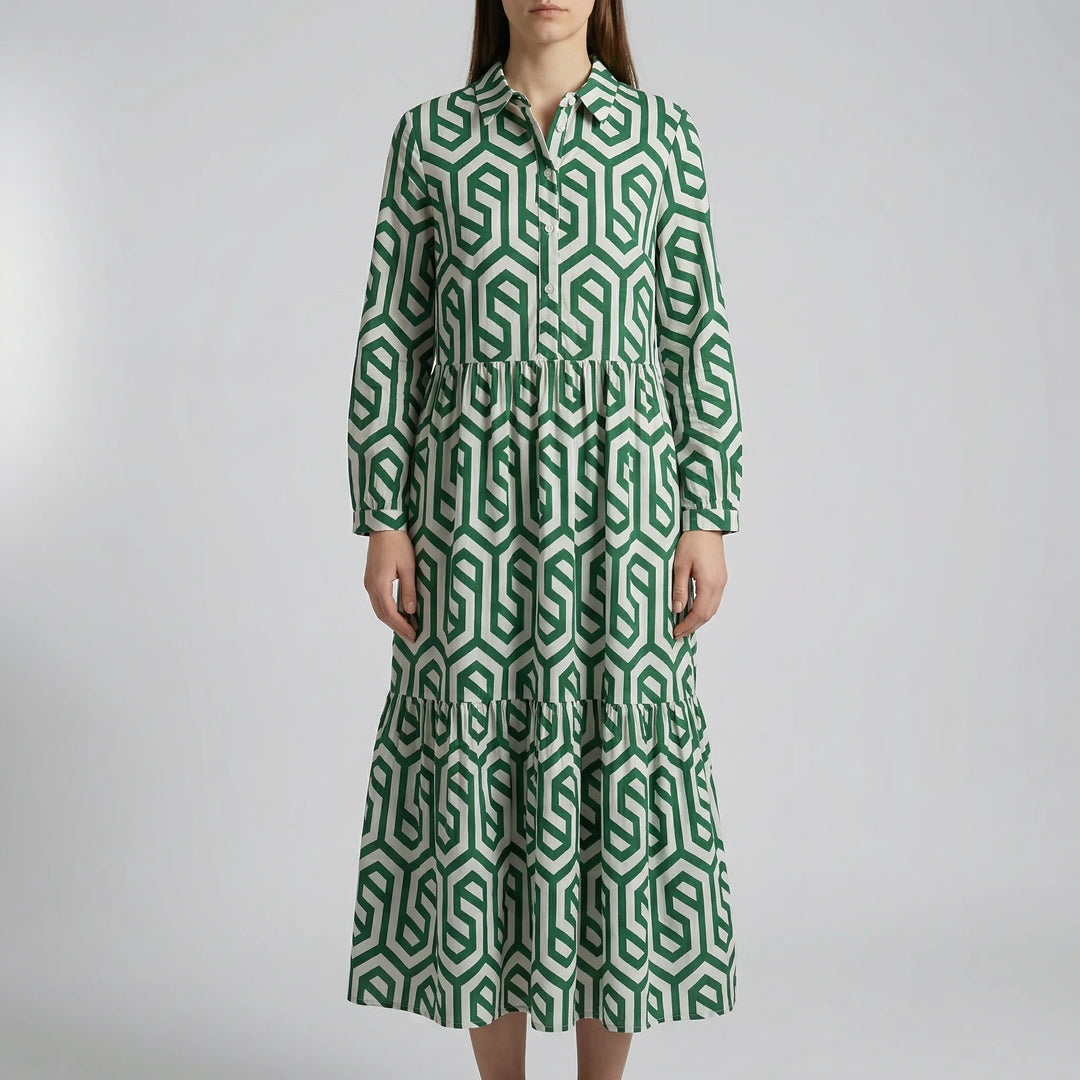 Geovella - Vestido midi de manga larga con estampado geométrico