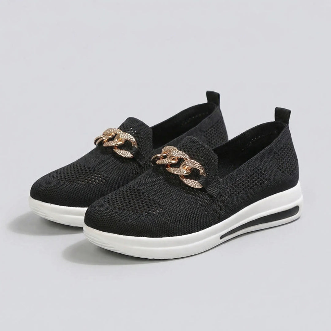 Glitzloa - Zapatillas sin cordones de punto con detalle de cadena