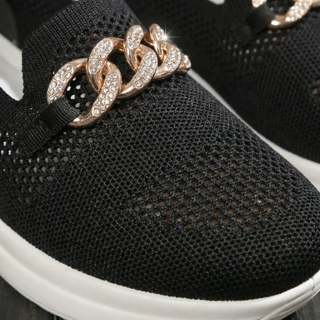 Glitzloa - Zapatillas sin cordones de punto con detalle de cadena
