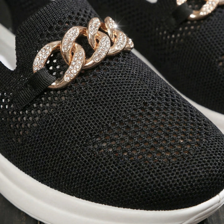 Glitzloa - Zapatillas sin cordones de punto con detalle de cadena
