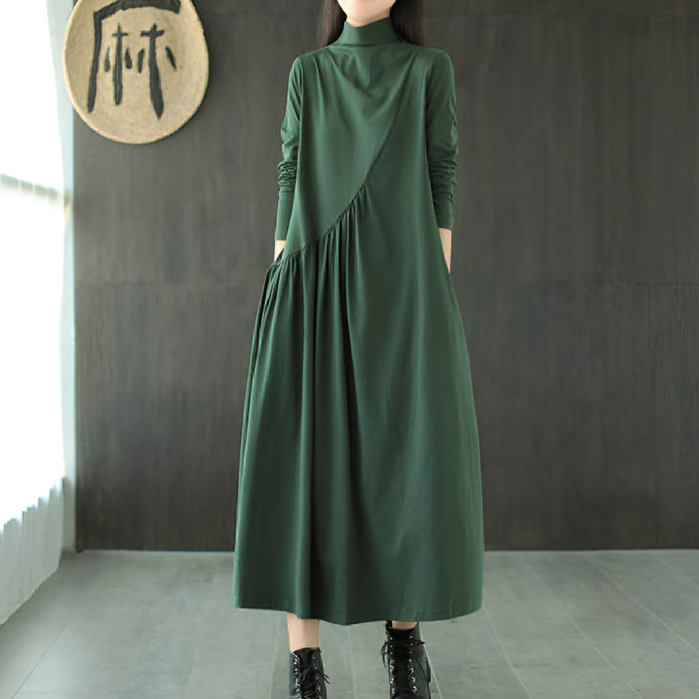 Vestido Verde Cuello en V Manga Media para Mujeres