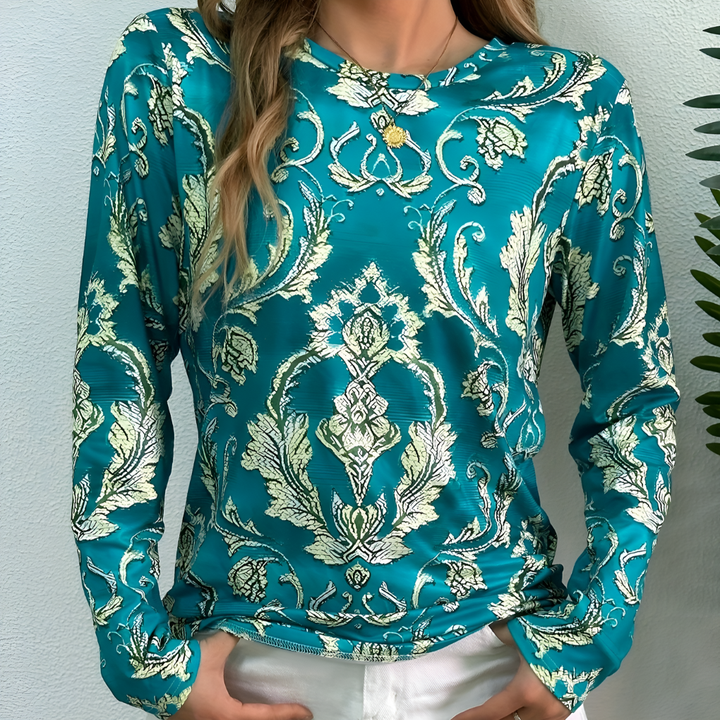 Blusa Larga de Mangas Impresas de Cuello Redondo Verde para Mujeres