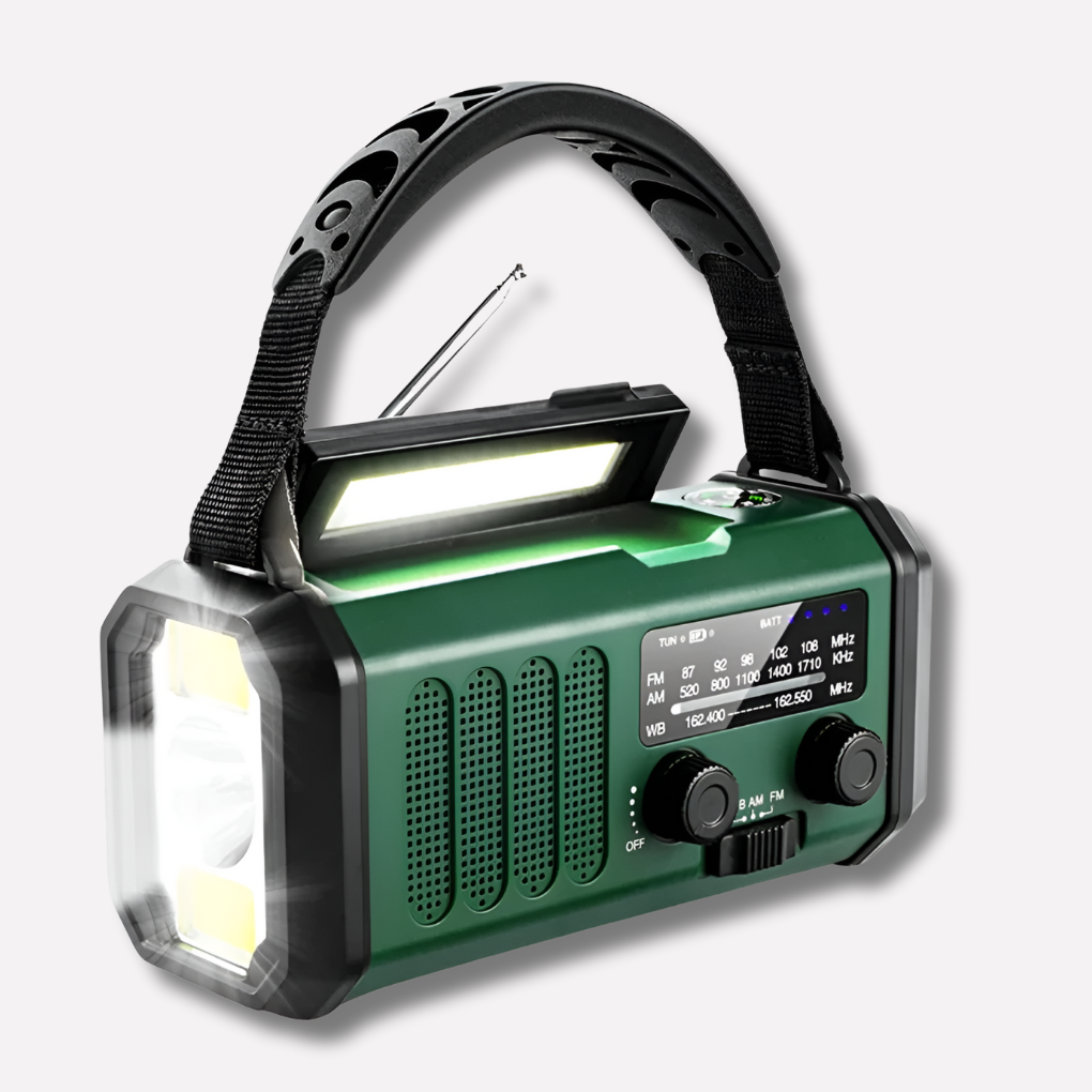 Radio de emergencia con manivela, panel solar y función de banco de energía