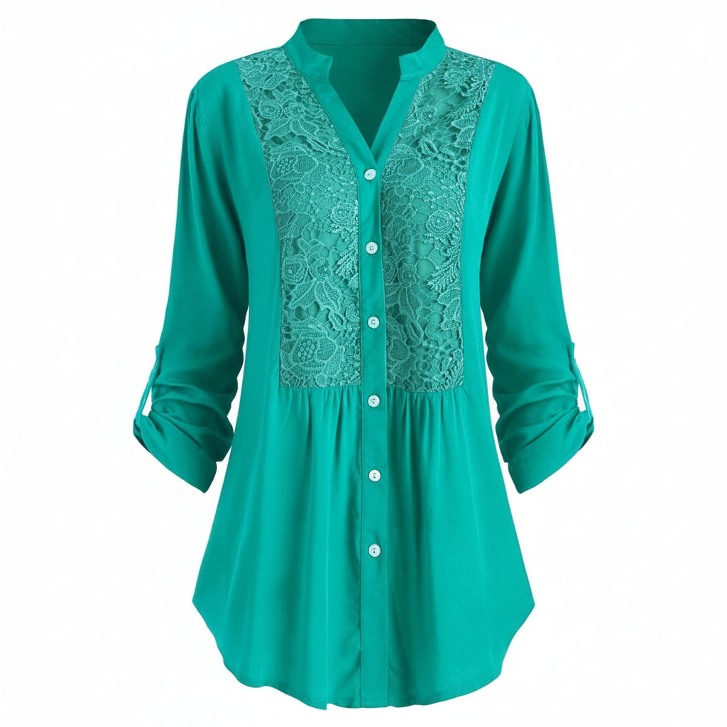 Voorkant blauwgroene lange blusa met pofmouwen para damas