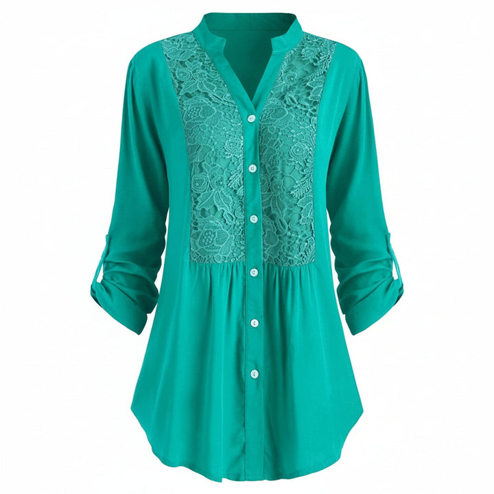 Voorkant blauwgroene lange blusa met pofmouwen para damas