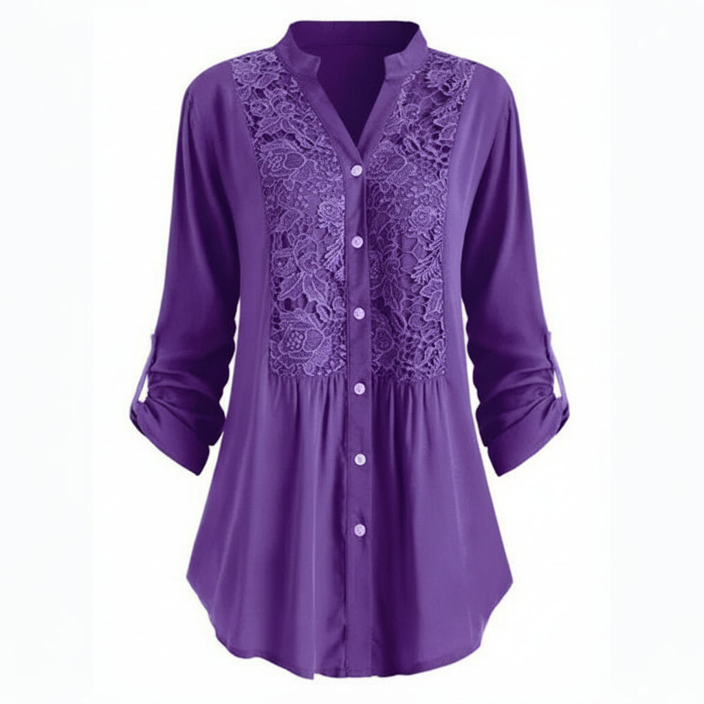 Voorkant paarse blusa larga con pofmouwen para damas