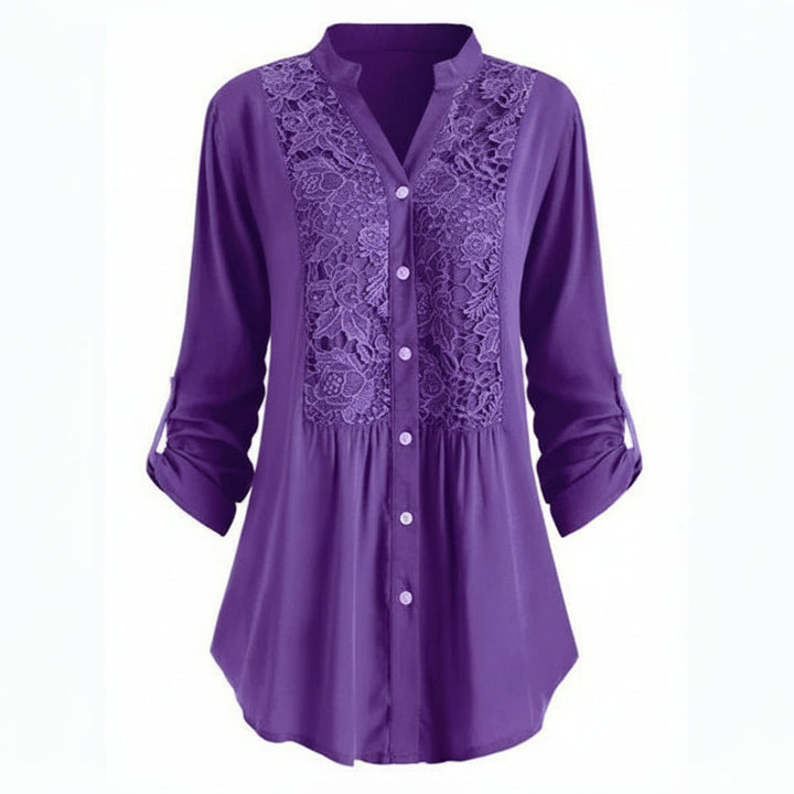 Voorkant paarse blusa larga con pofmouwen para damas