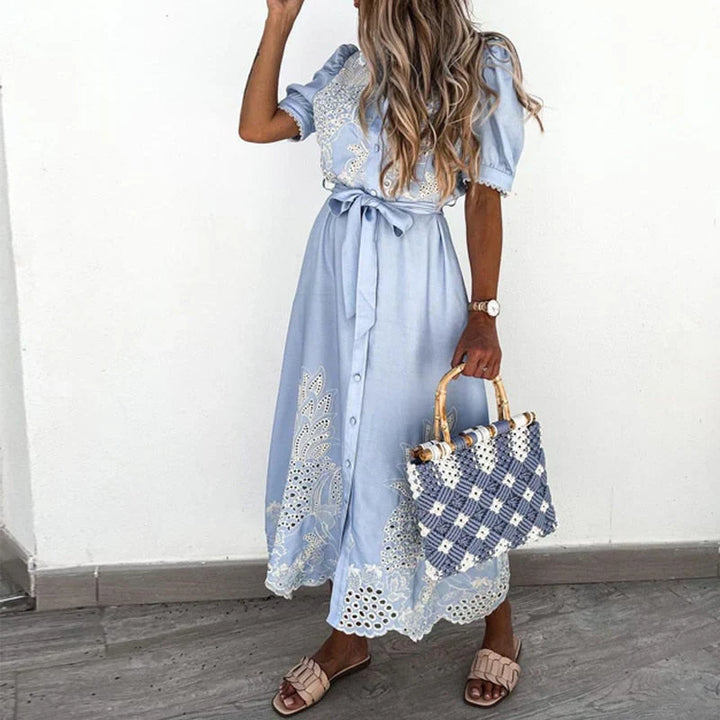 Vestido Bordado Azul para Mujeres con Detalles Elegantes