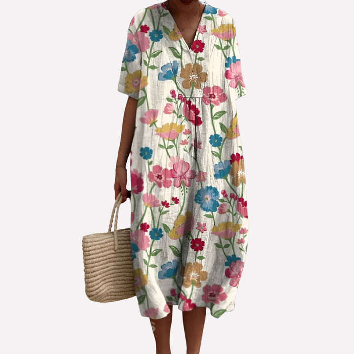 Vestido Floral de Verano para Mujeres – Cuello en V y Mangas Cortas