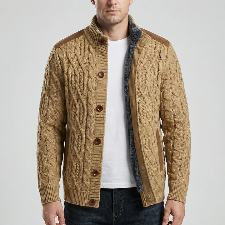 Knovurn - Chaqueta cárdigan de punto trenzado con forro polar