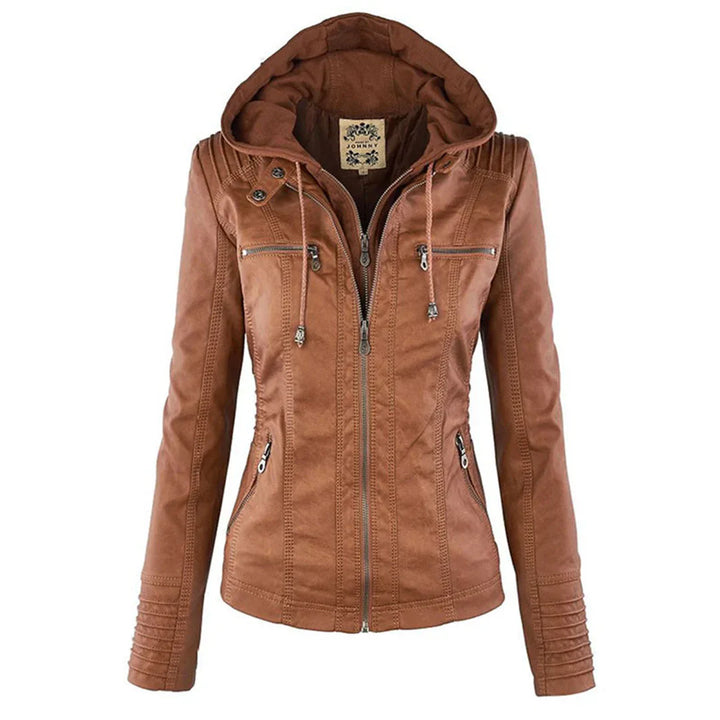Chaqueta Moto de Cuero Sintético con Capucha para Mujeres