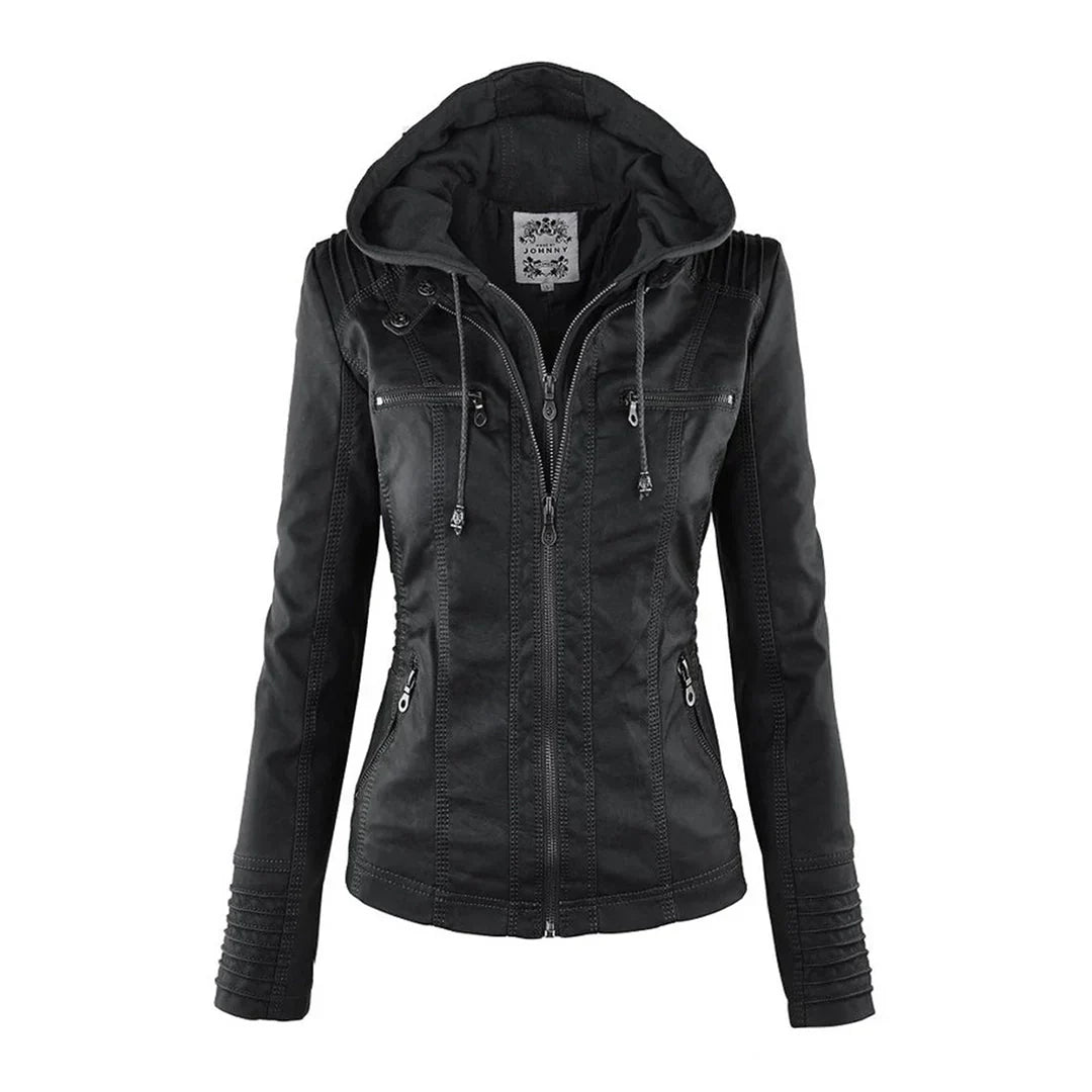 Chaqueta Moto de Cuero Sintético con Capucha para Mujeres