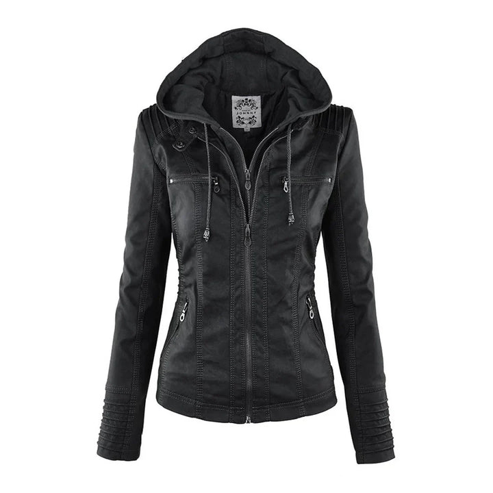 Chaqueta Moto de Cuero Sintético con Capucha para Mujeres