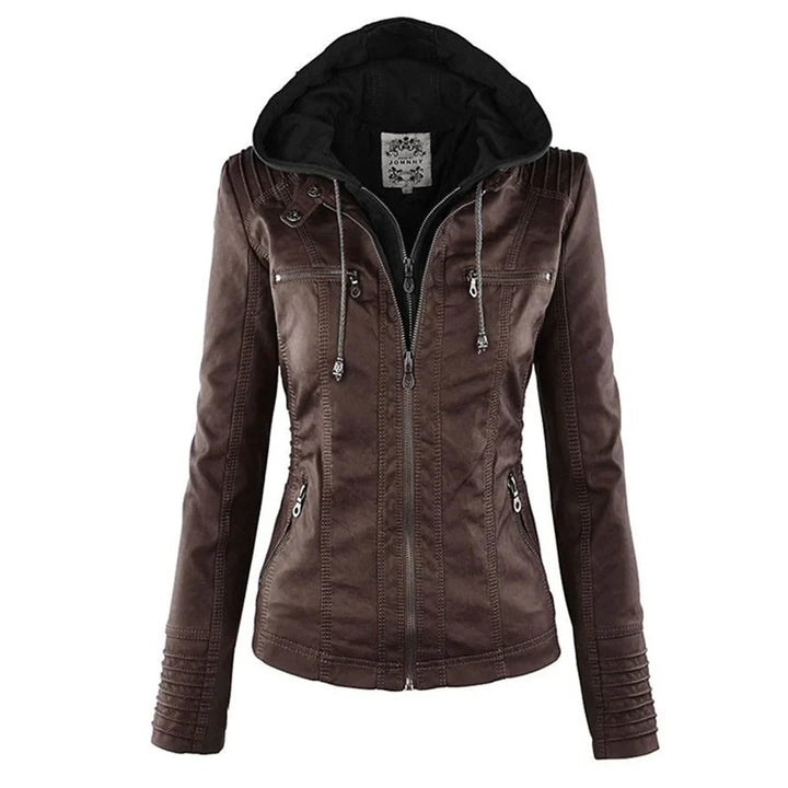 Chaqueta Moto de Cuero Sintético con Capucha para Mujeres