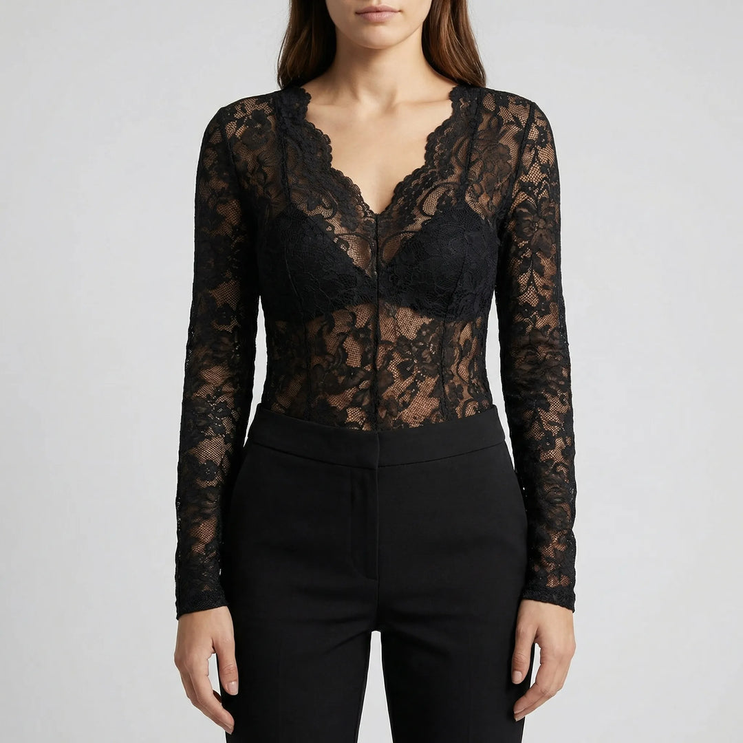 Lacorette - Blusa ajustada de encaje floral con escote en V