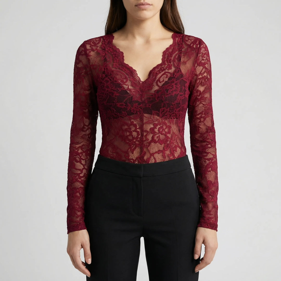 Lacorette - Blusa ajustada de encaje floral con escote en V