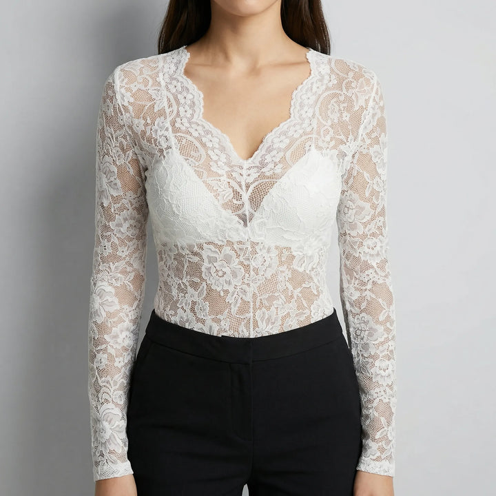 Lacorette - Blusa ajustada de encaje floral con escote en V