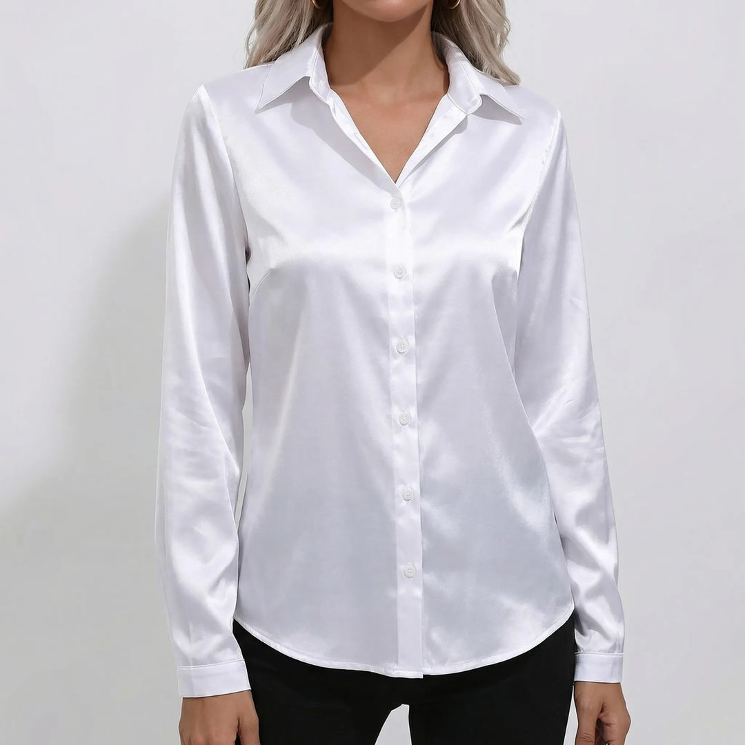Lustreva - Blusa con botones frontales y acabado satinado