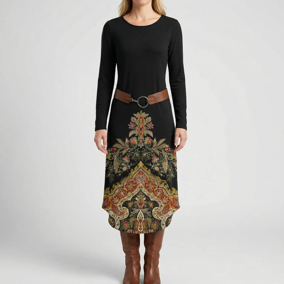 Midarae - Vestido midi de manga larga con estampado ornamentado
