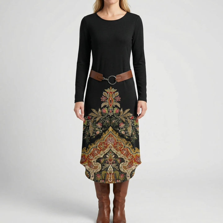 Midarae - Vestido midi de manga larga con estampado ornamentado