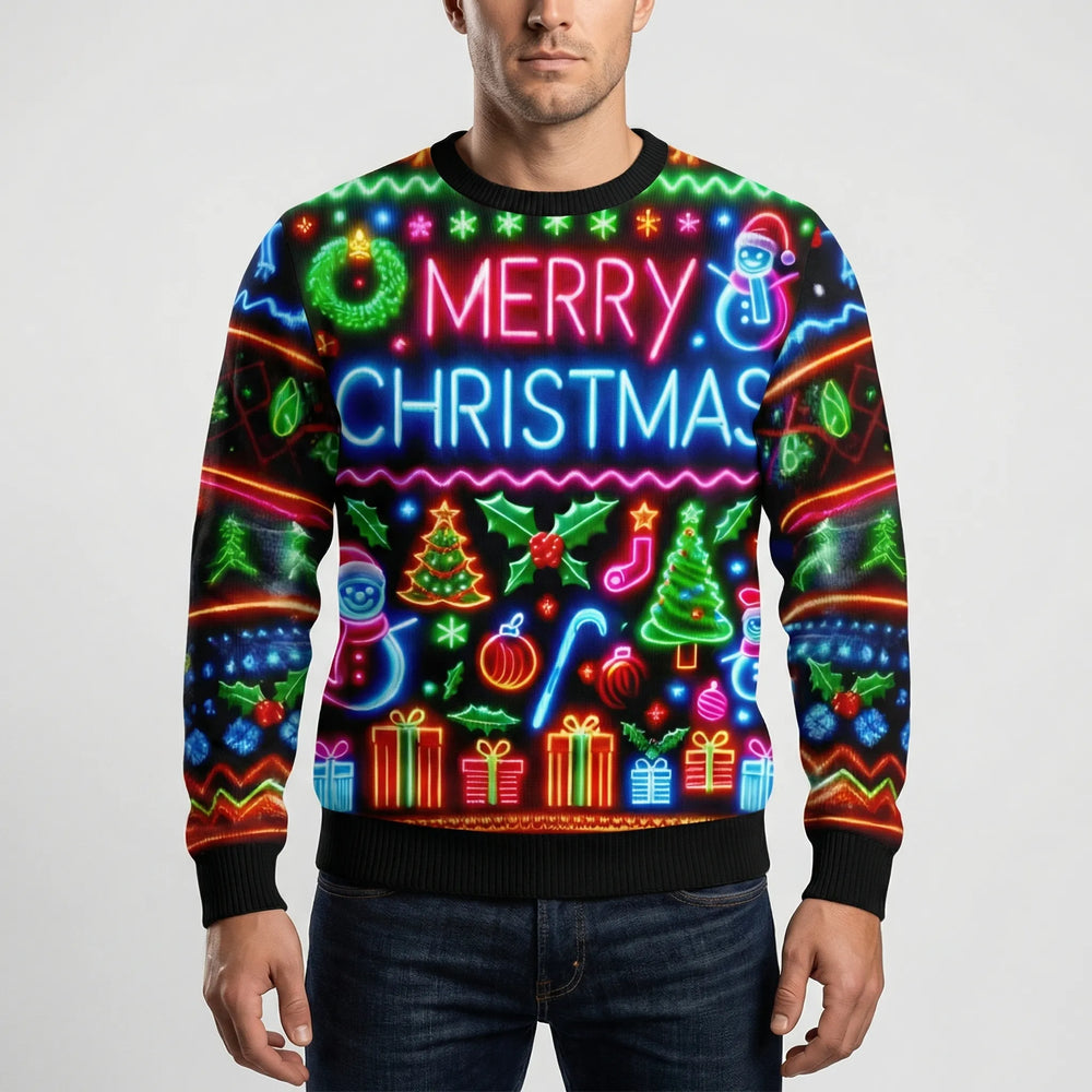 Neonmas - Suéter navideño de cuello redondo con estampado neón