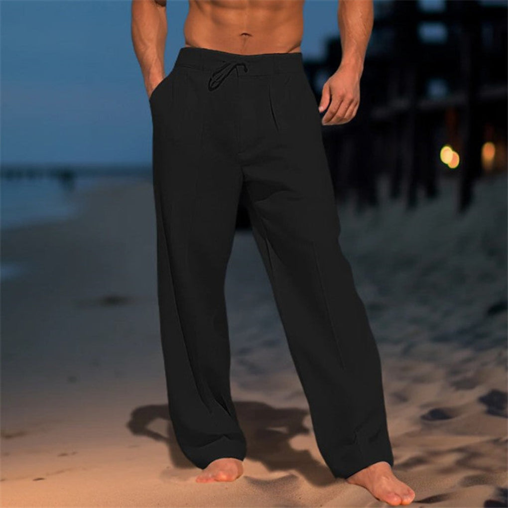 Pantalón de Lino con Cordones Relajado para Hombres