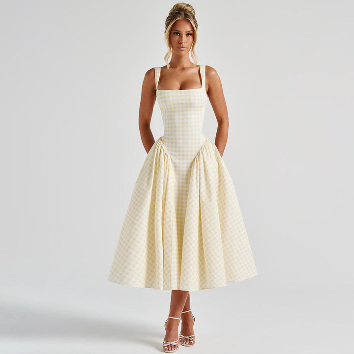 Vestido midi de cuello cuadrado con estampado a cuadros, vista lateral