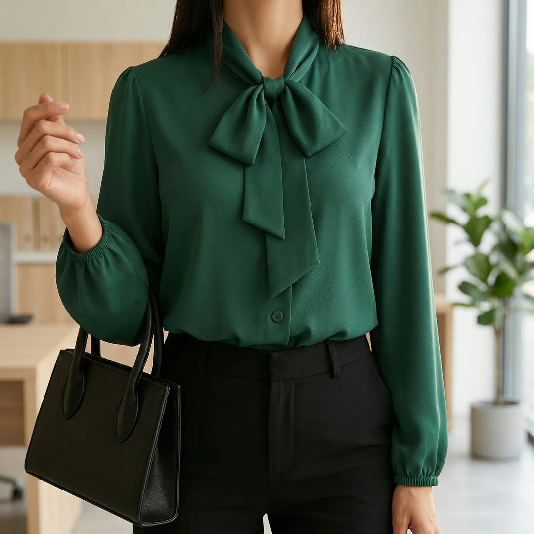 Ribbonique - Blusa de manga larga con escote de lazo