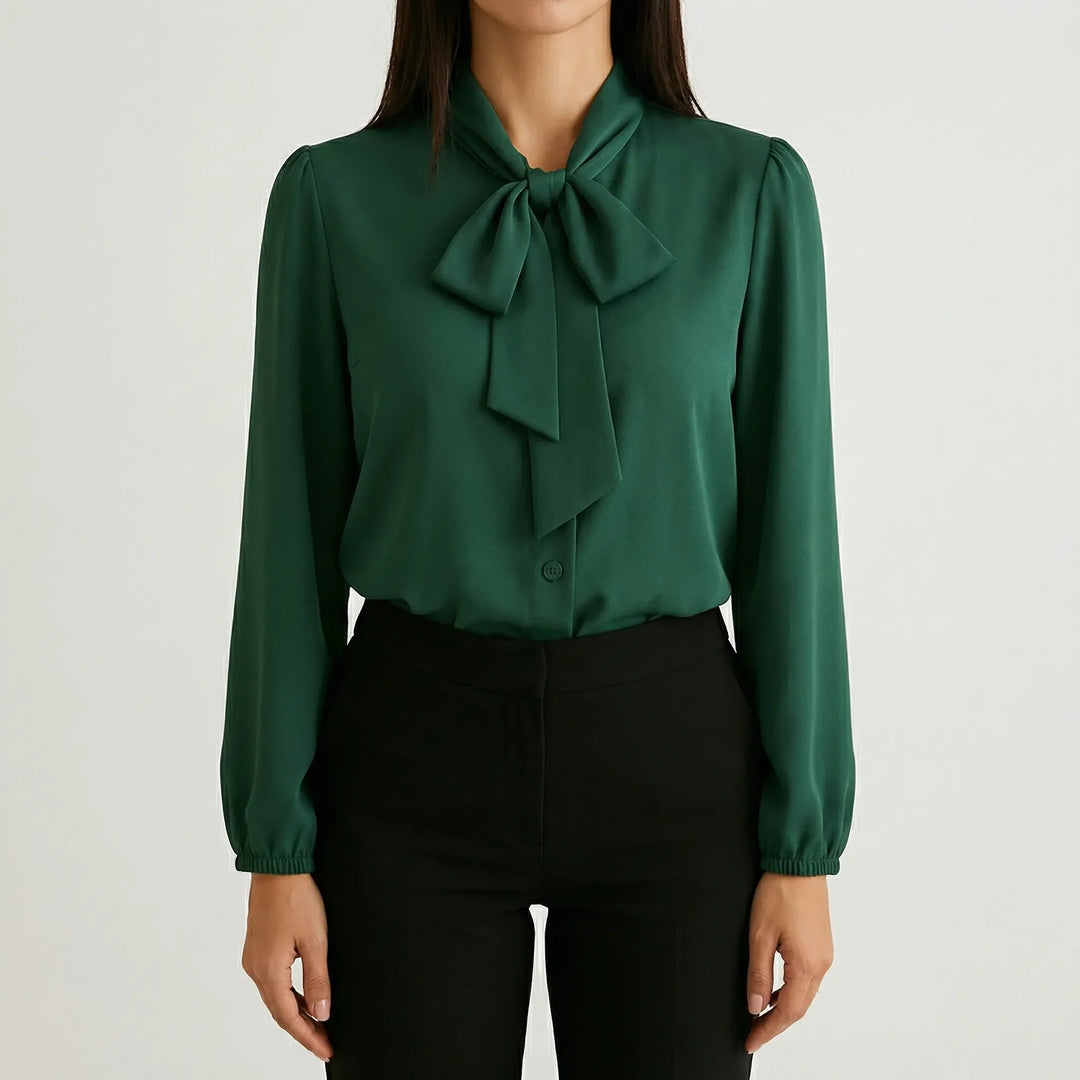 Ribbonique - Blusa de manga larga con escote de lazo