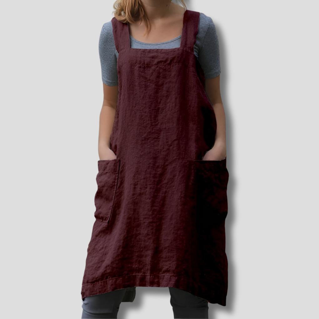 Vestido de Delantal de Algodón y Lino con Bolsillos para Mujeres