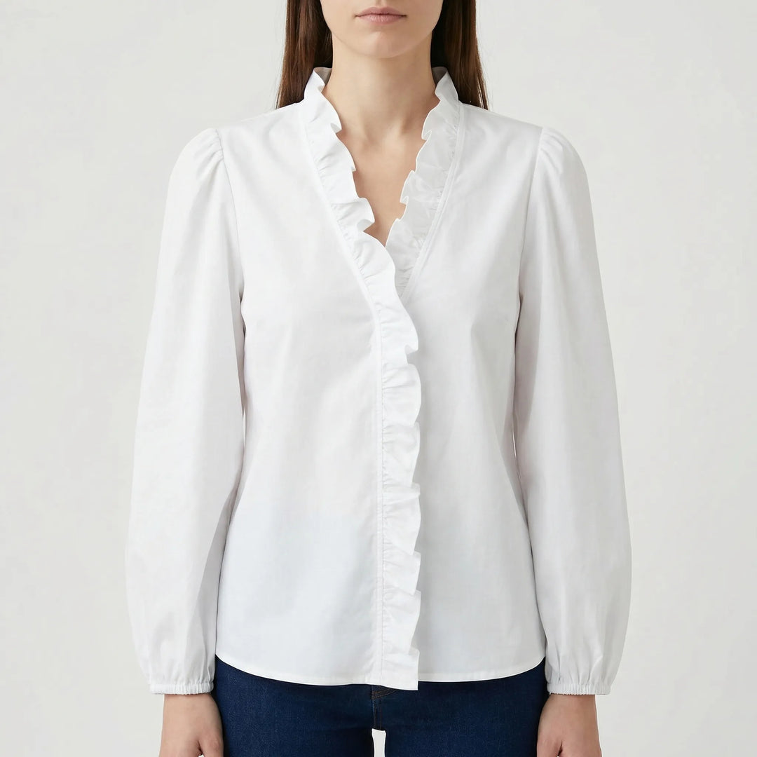Rufella - Blusa de manga larga con cuello en V y volantes