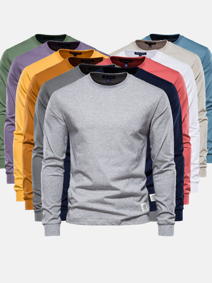 Camisa de algodón de manga larga para hombres con cuello redondo