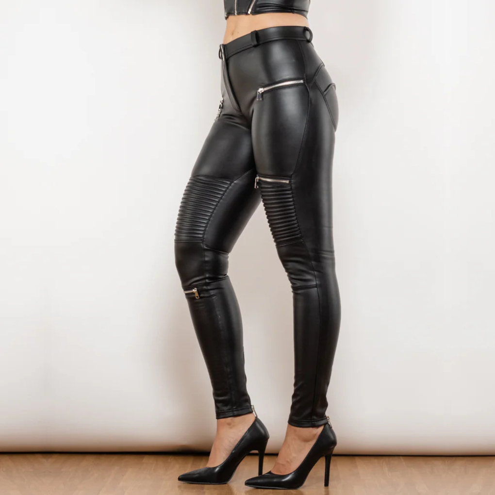Pantalones Delgados de Cuero Sintético para Mujeres