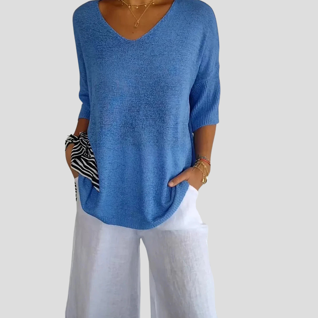 Top de Punto con Cuello en V para Mujeres – Estilo Casual con Toque Diario
