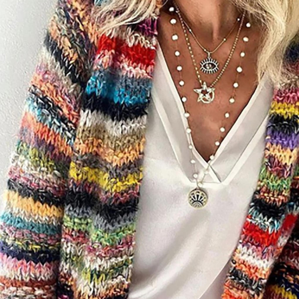 Cardigan Largo de Mangas Largas con Rayas para Mujeres