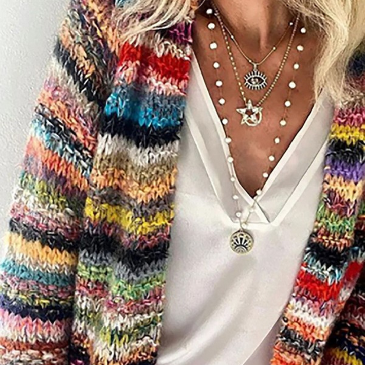 Cardigan Largo de Mangas Largas con Rayas para Mujeres