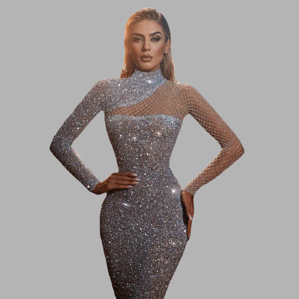 Vestido Elegante de Lentejuelas Sin Hombros – Glamour Destacado para Eventos Especiales