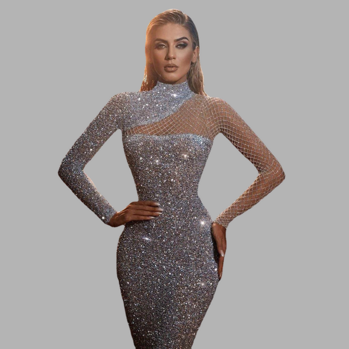 Vestido Elegante de Lentejuelas Sin Hombros – Glamour Destacado para Eventos Especiales