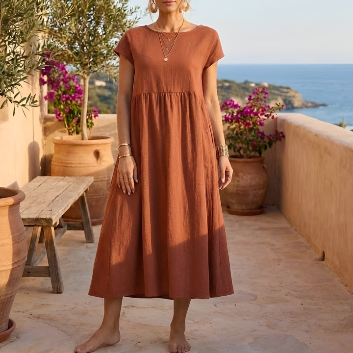 Vestido de Algodón Vintage con Cuello O para Mujeres