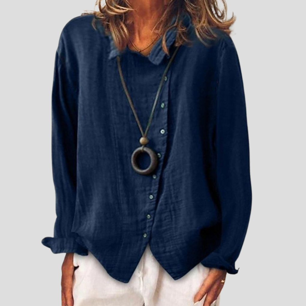 Camisa de Mujer Azul con Botones y Solapas de Manga Larga
