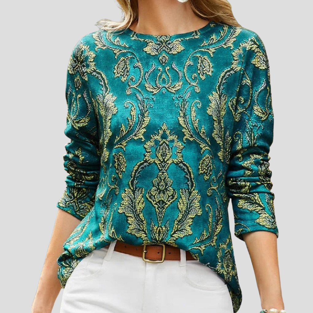 Blusa Larga de Mangas Impresas de Cuello Redondo Verde para Mujeres