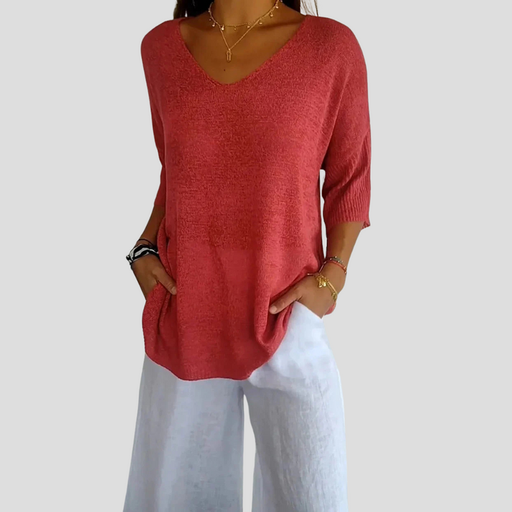 Top de Punto con Cuello en V para Mujeres – Estilo Casual con Toque Diario