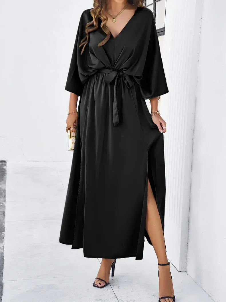 Vestido primaveral con cuello en V para mujer, detalle del tejido