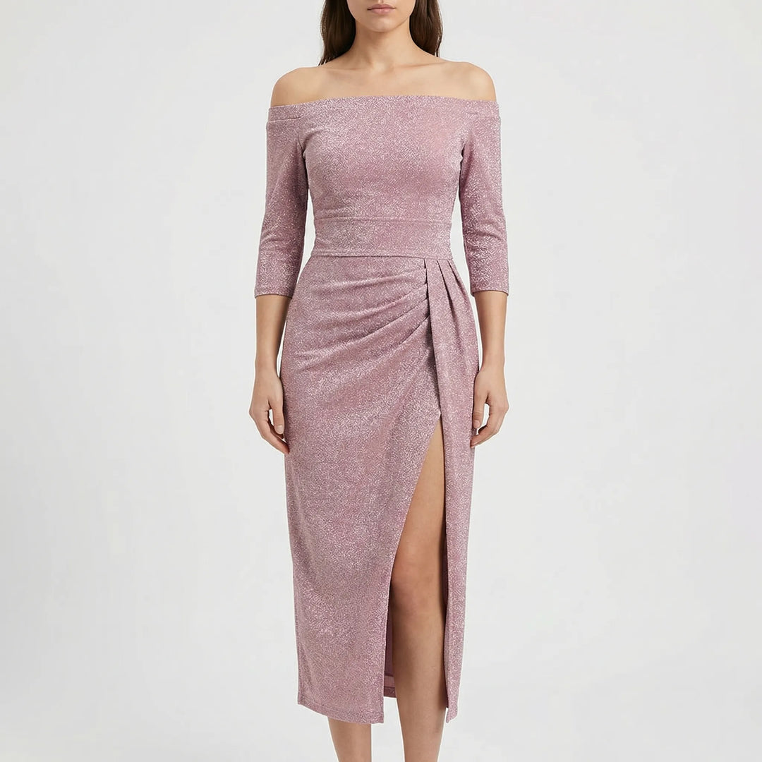 Velynda - Vestido midi ajustado con hombros descubiertos