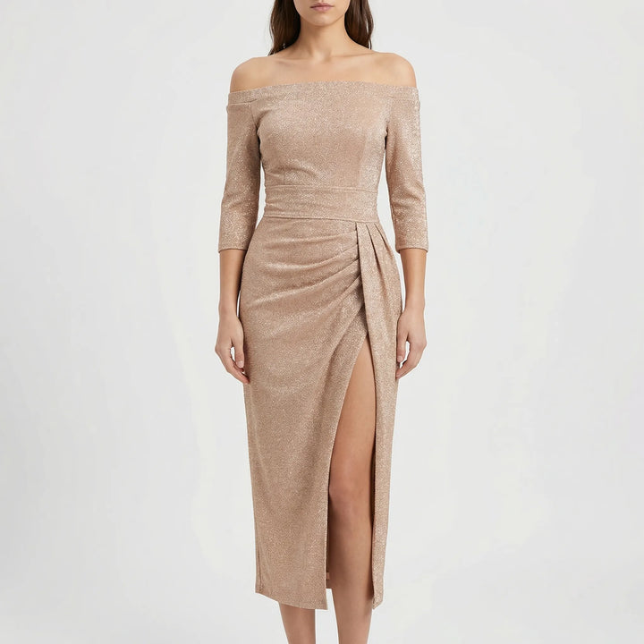 Velynda - Vestido midi ajustado con hombros descubiertos