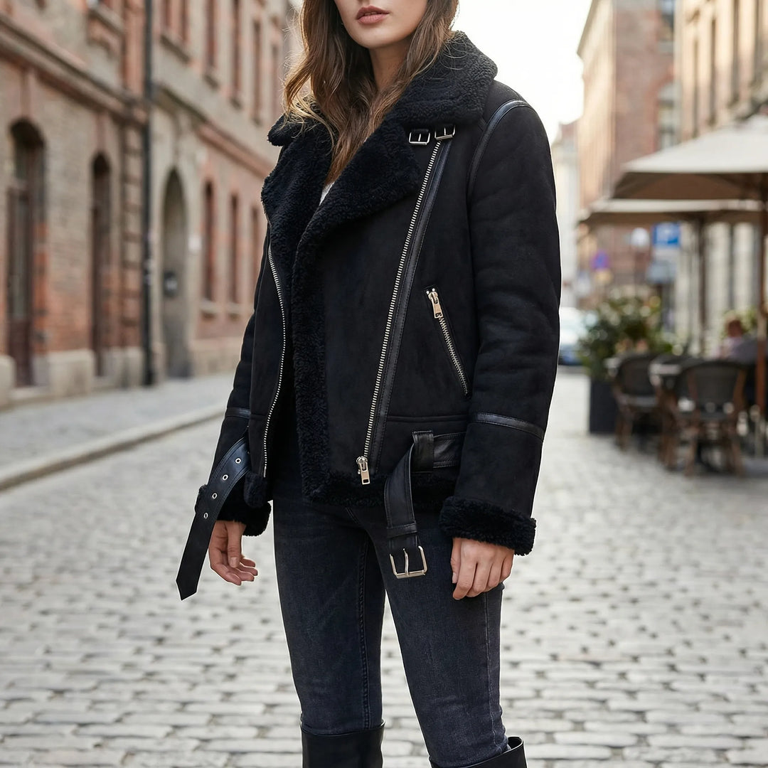 Zelvique - Chaqueta estilo motero con forro de borrego