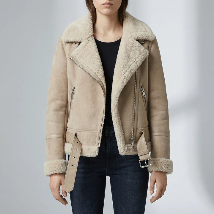 Zelvique - Chaqueta estilo motero con forro de borrego
