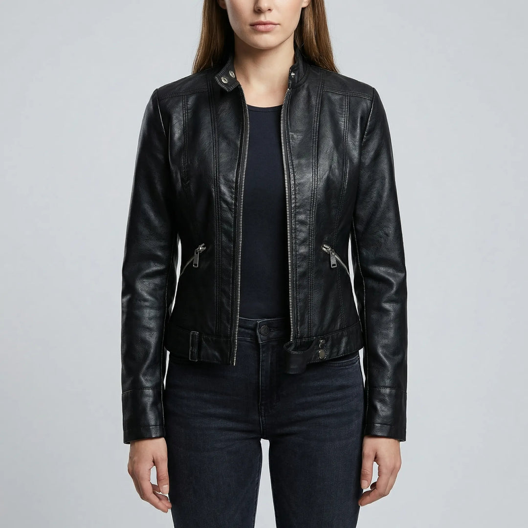 Zephirra - Chaqueta de motorista con cuello alto y cremallera frontal